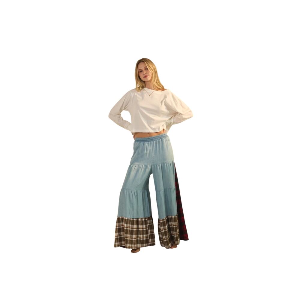 ODDI Plaid & Chambray Tiered Wide Leg Elastic Waist Pant NWT Size Small - Picture 3 of 8